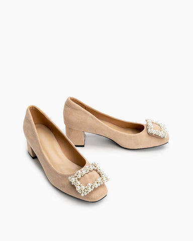 Square Toe Pearl Buckle Slip On Block High Heel Pumps