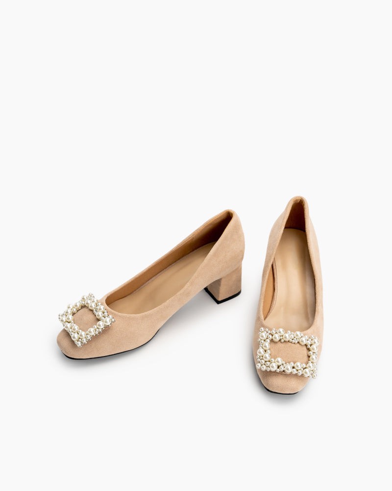 Square Toe Pearl Buckle Slip On Block High Heel Pumps LarosaStyle