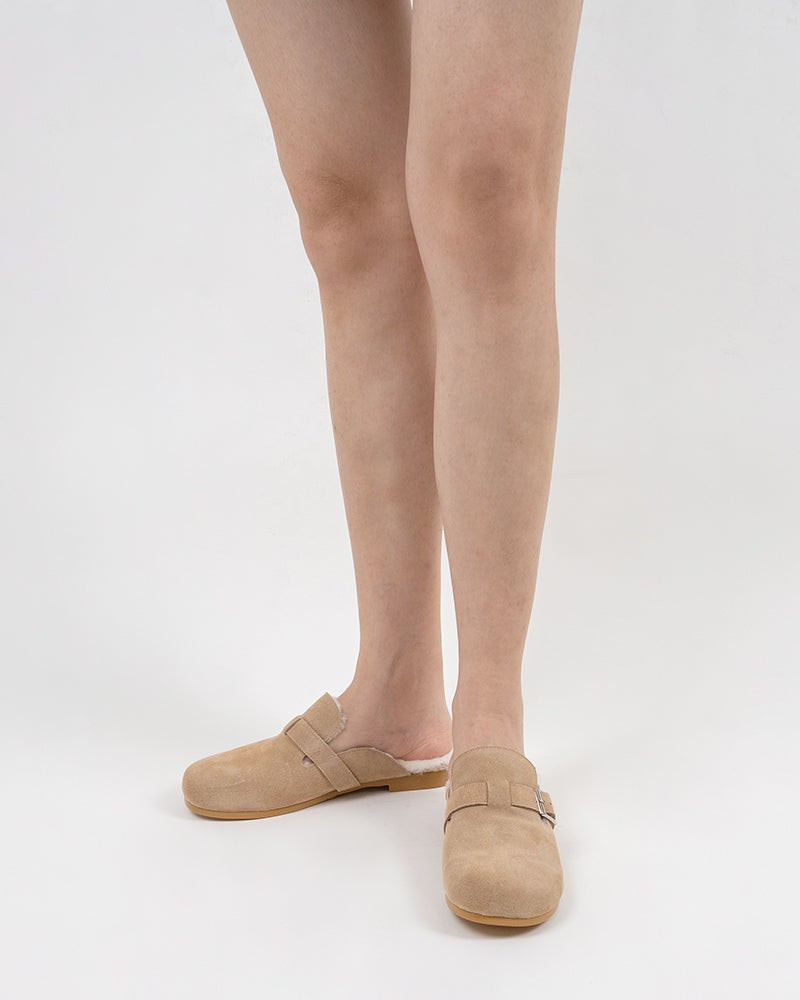 Buckle-Decor-Nubuck-Leather--Fuzzy-Lambswool-Warm-Flat-Slippers-Mules