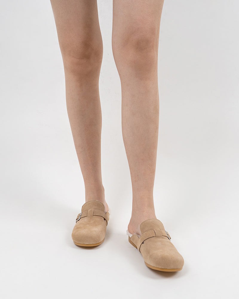 Buckle-Decor-Nubuck-Leather--Fuzzy-Lambswool-Warm-Flat-Slippers-Mules