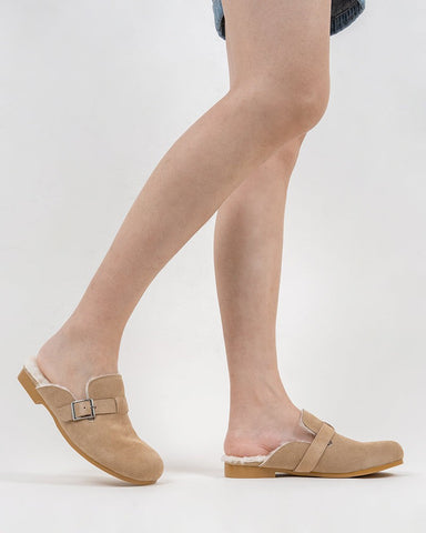 Buckle-Decor-Nubuck-Leather--Fuzzy-Lambswool-Warm-Flat-Slippers-Mules