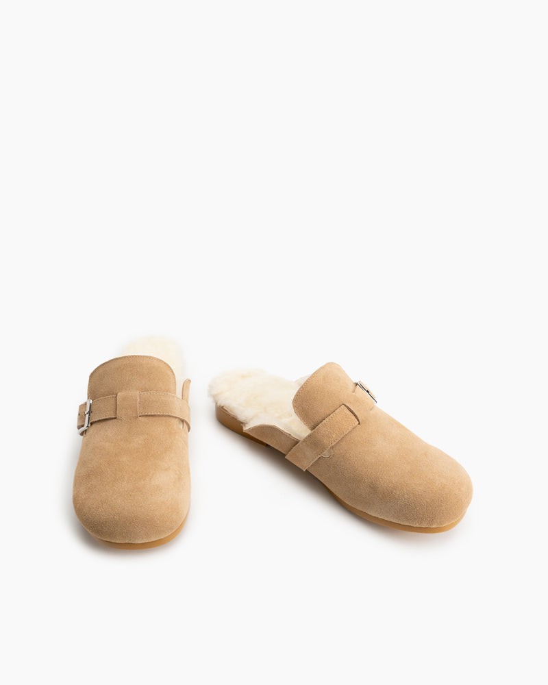 Buckle-Decor-Nubuck-Leather--Fuzzy-Lambswool-Warm-Flat-Slippers-Mules