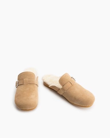 Buckle-Decor-Nubuck-Leather--Fuzzy-Lambswool-Warm-Flat-Slippers-Mules