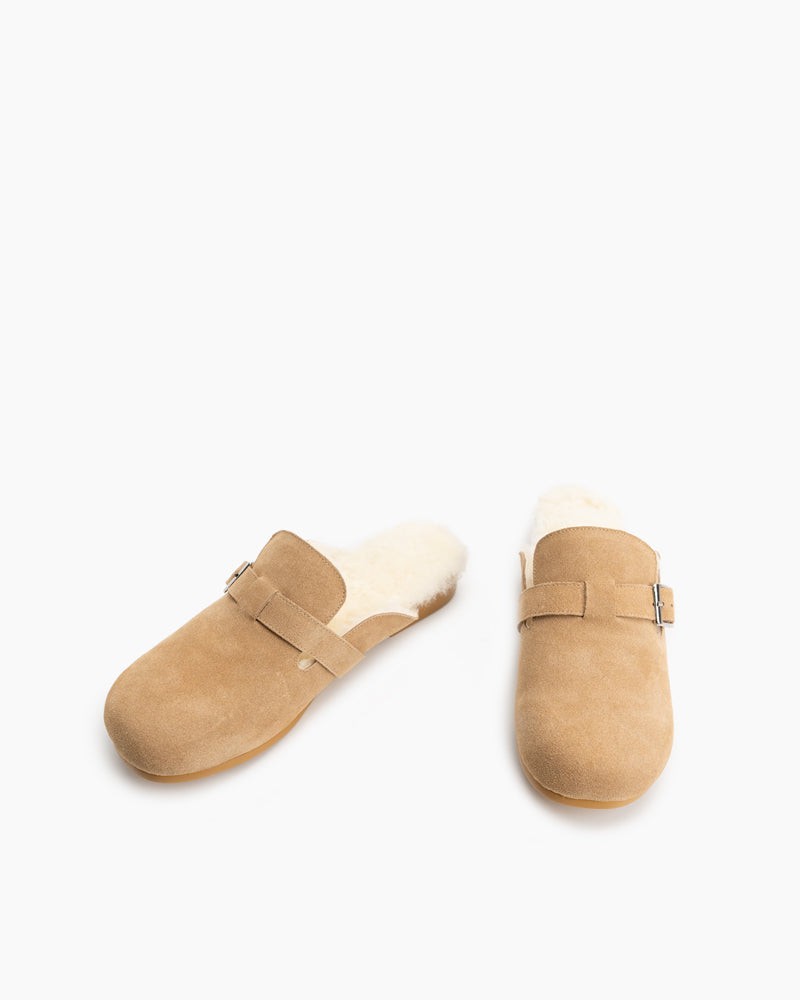 Buckle-Decor-Nubuck-Leather--Fuzzy-Lambswool-Warm-Flat-Slippers-Mules