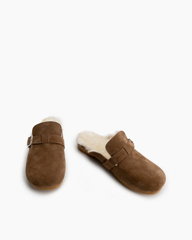 Buckle-Decor-Nubuck-Leather--Fuzzy-Lambswool-Warm-Flat-Slippers-Mules