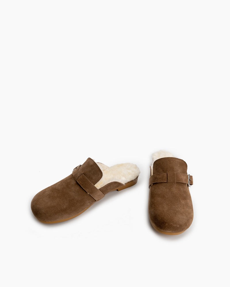 Buckle-Decor-Nubuck-Leather--Fuzzy-Lambswool-Warm-Flat-Slippers-Mules