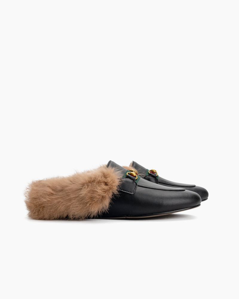 Horsebit-Classic-Metal-Buckle-Fur-Backless-Leather-Slip-On-flat-Mules