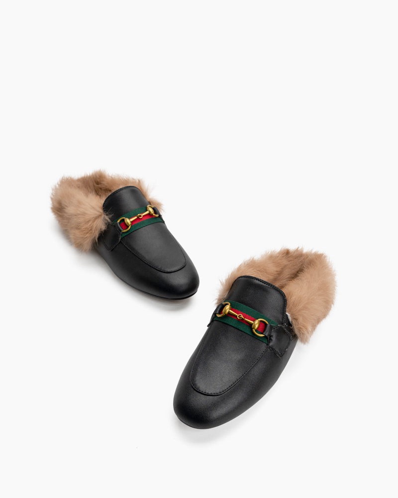 Horsebit-Classic-Metal-Buckle-Fur-Backless-Leather-Slip-On-flat-Mules