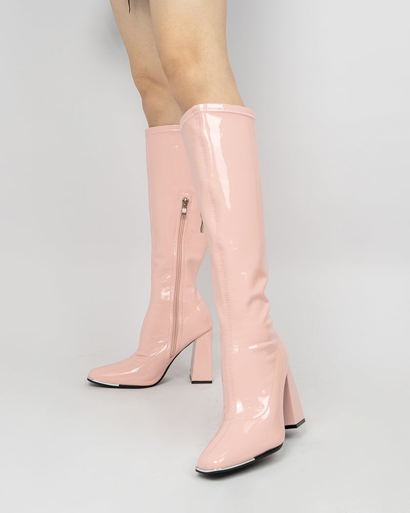 Square Toe Side Zip Chunky Heeled Knee-High Boots