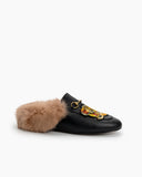Horsebit-Casual-Buckle-Furry-Embroidery-Flat-Mules-Slippers