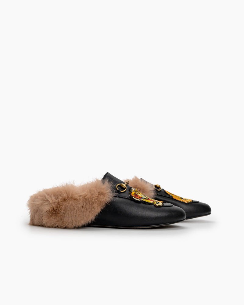 Horsebit-Casual-Buckle-Furry-Embroidery-Flat-Mules-Slippers