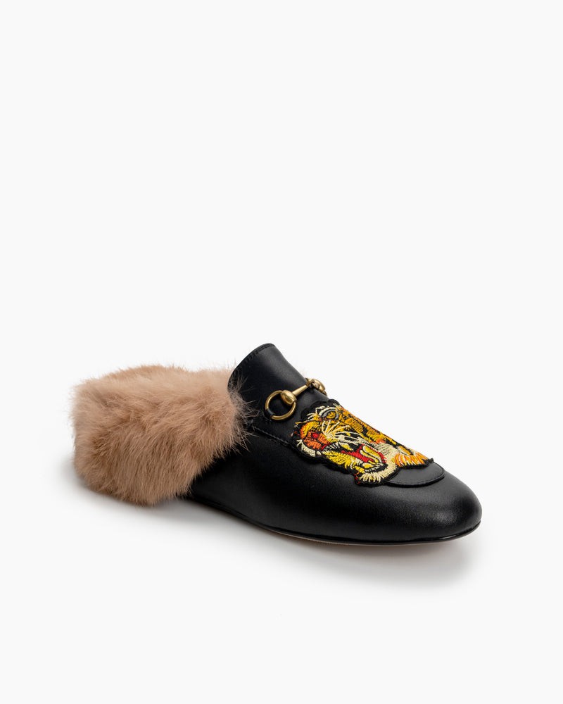 Horsebit-Casual-Buckle-Furry-Embroidery-Flat-Mules-Slippers