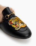 Horsebit-Casual-Buckle-Furry-Embroidery-Flat-Mules-Slippers