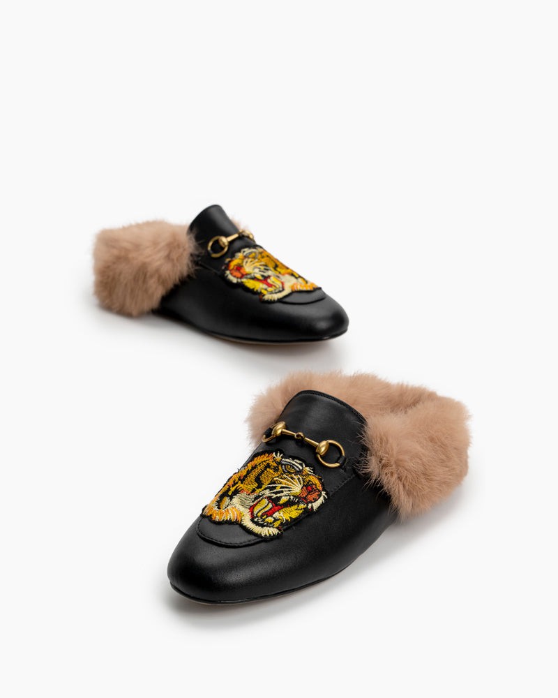 Horsebit-Casual-Buckle-Furry-Embroidery-Flat-Mules-Slippers