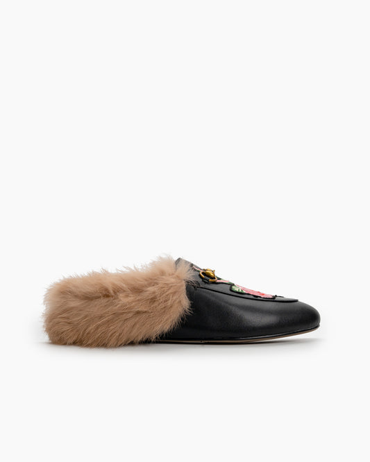 Rose Embroidery Classic Buckle Fur Mules