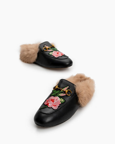 horsebit-flat-Rose-Embroidery-Classic-Buckle-Fur-Mules