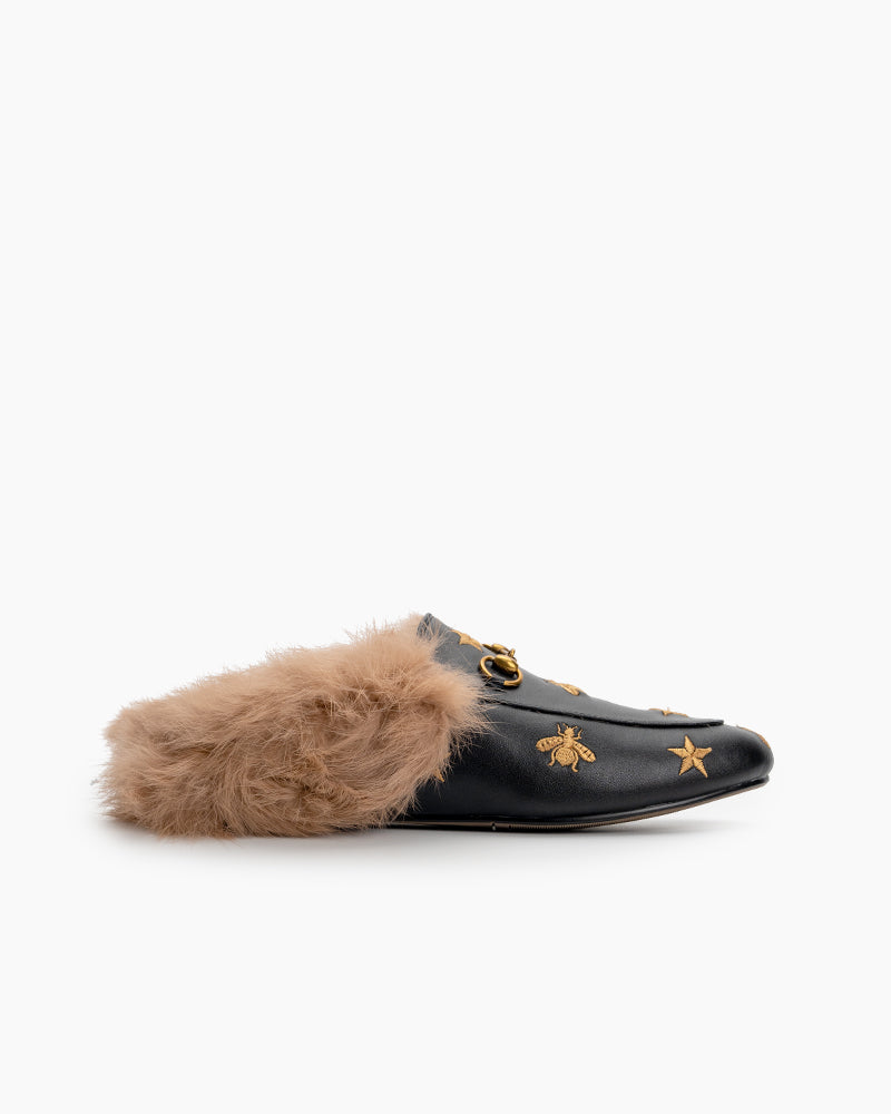 Horsebit-Bee-Star-Embroidered-Furry-Fur-Slip-on-Mules