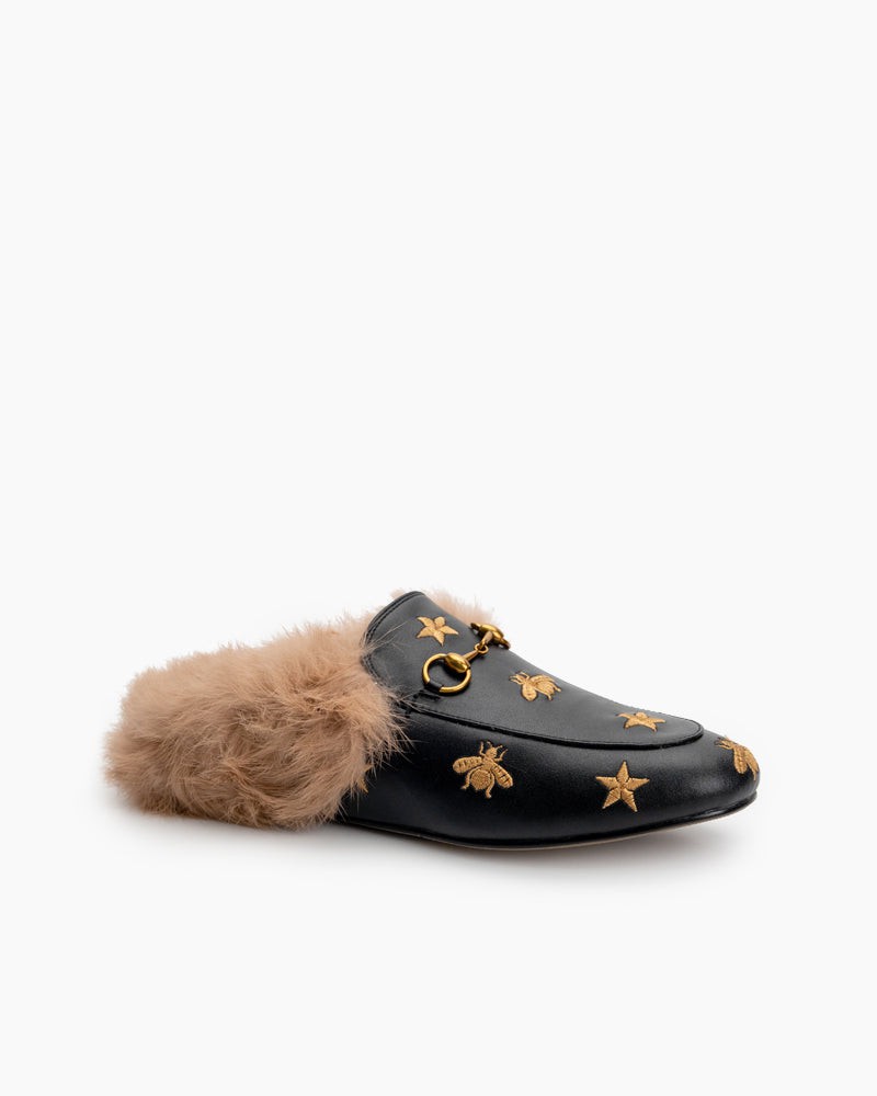 Horsebit-Bee-Star-Embroidered-Furry-Fur-Slip-on-Mules