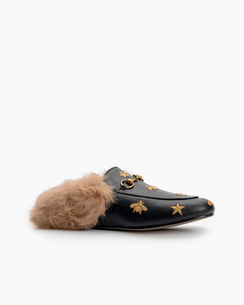 Horsebit-Bee-Star-Embroidered-Furry-Fur-Slip-on-Mules