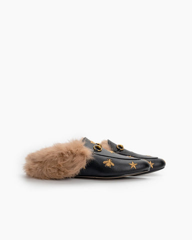 Horsebit-Bee-Star-Embroidered-Furry-Fur-Slip-on-Mules