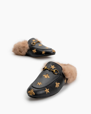 Horsebit-Bee-Star-Embroidered-Furry-Fur-Slip-on-Mules