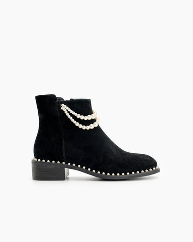 Suede Pearls Chain Round Toe Chunky Heel Ankle Boots