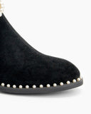Suede Pearls Chain Round Toe Chunky Heel Ankle Boots