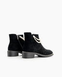 Suede Pearls Chain Round Toe Chunky Heel Ankle Boots