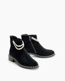 Suede Pearls Chain Round Toe Chunky Heel Ankle Boots