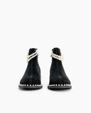 Suede Pearls Chain Round Toe Chunky Heel Ankle Boots
