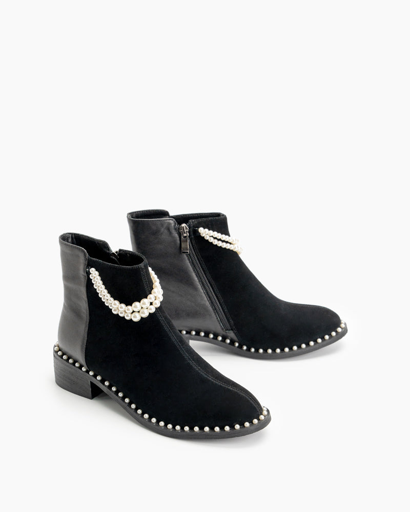 Pearls-Chain-Round-Toe-Chunky-Heel-Ankle-Boots-suede