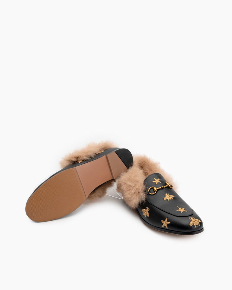 Classic-Horsebit-Bee-Star-Embroidered-Fur-Flat-Leather-Loafers