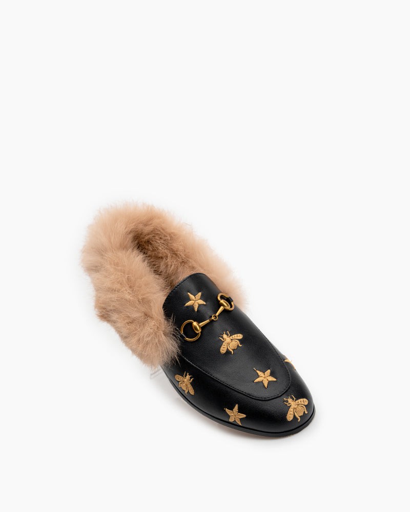 Classic-Horsebit-Bee-Star-Embroidered-Fur-Flat-Leather-Loafers