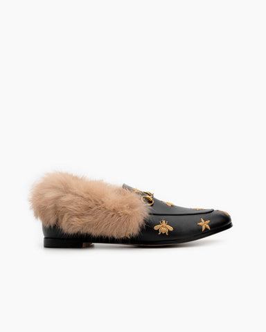 Classic-Horsebit-Bee-Star-Embroidered-Fur-Flat-Leather-Loafers