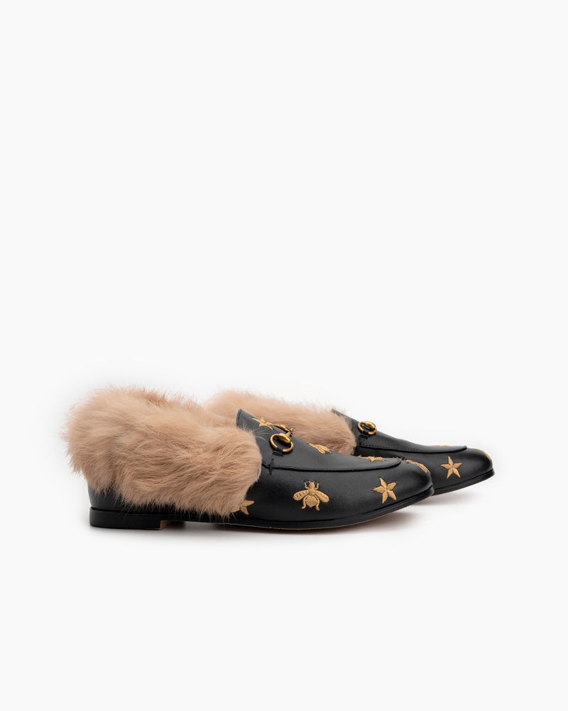 Classic-Horsebit-Bee-Star-Embroidered-Fur-Flat-Leather-Loafers