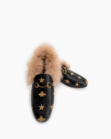 Classic-Horsebit-Bee-Star-Embroidered-Fur-Flat-Leather-Loafers