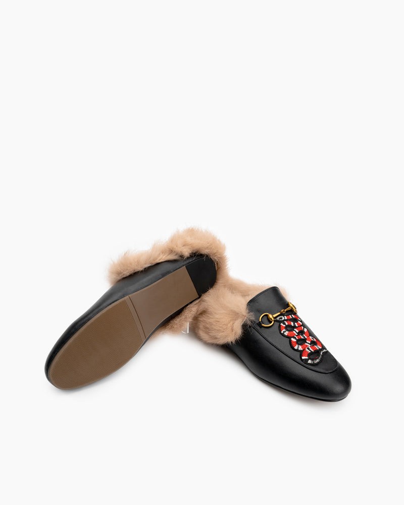 Horsebit-Casual-Buckle-Furry-Embroidery-Flat-Mules-Slippers