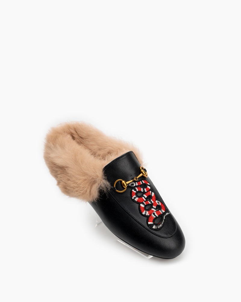 Horsebit-Casual-Buckle-Furry-Embroidery-Flat-Mules-Slippers