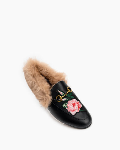 Horsebit-Classic-Metal-Buckle-Embroidered-Leather-Square-Toe-Fur-Loafers