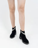 Suede Pearls Chain Round Toe Chunky Heel Ankle Boots