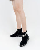 Suede Pearls Chain Round Toe Chunky Heel Ankle Boots