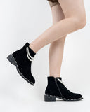 Suede Pearls Chain Round Toe Chunky Heel Ankle Boots