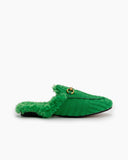 Horsebit-Classic-Metal-Buckle-Green-Lambswool-Slip-On-Backless-flat-Mules