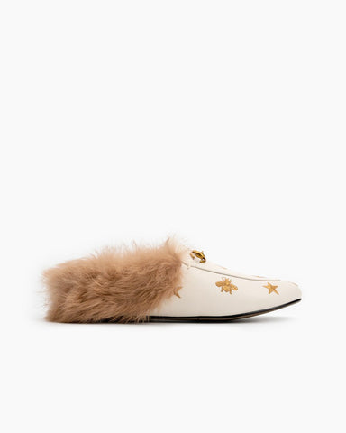 Horsebit-Bee-Star-Embroidered-Furry-Fur-Slip-on-Mules