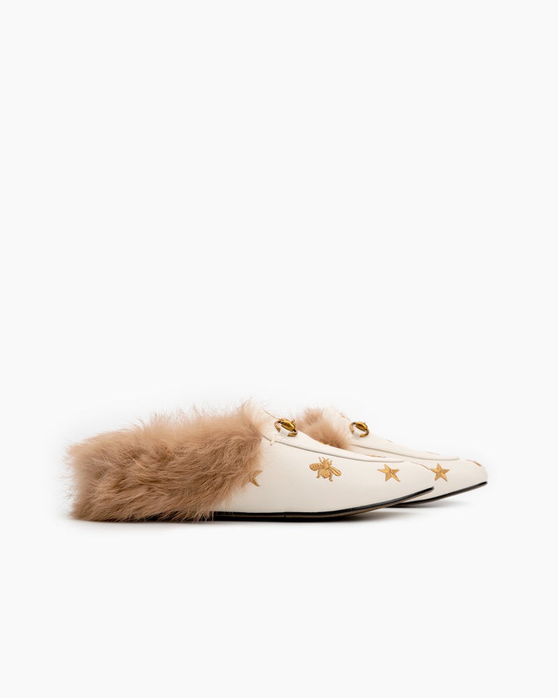 Horsebit-Bee-Star-Embroidered-Furry-Fur-Slip-on-Mules