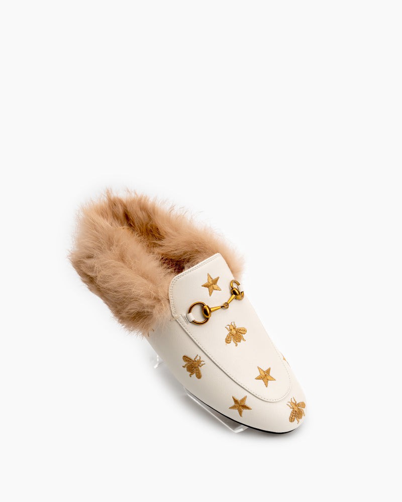 Horsebit-Bee-Star-Embroidered-Furry-Fur-Slip-on-Mules