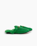 Horsebit-Classic-Metal-Buckle-Green-Lambswool-Slip-On-Backless-flat-Mules