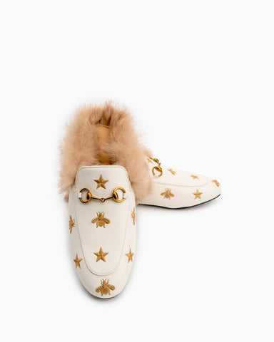 Horsebit-Bee-Star-Embroidered-Furry-Fur-Slip-on-Mules