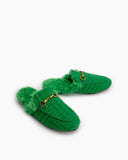 Horsebit-Classic-Metal-Buckle-Green-Lambswool-Slip-On-Backless-flat-Mules