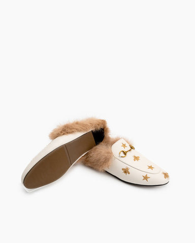 Horsebit-Bee-Star-Embroidered-Furry-Fur-Slip-on-Mules